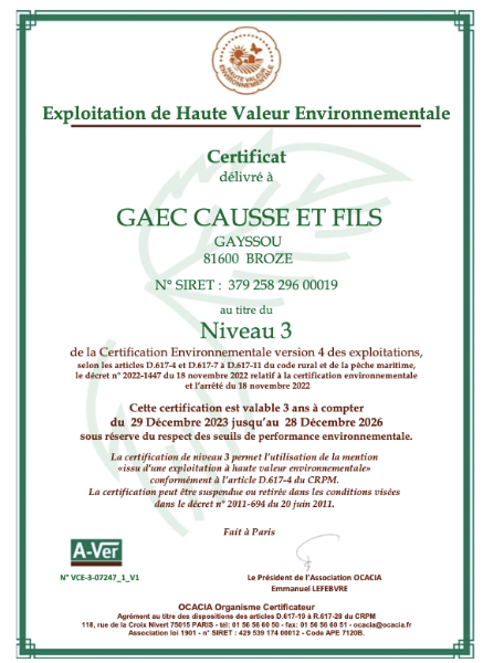 Le Domaine de Gayssou certifié Niveau 3 de Haute Valeur Environnementale (HVE) 